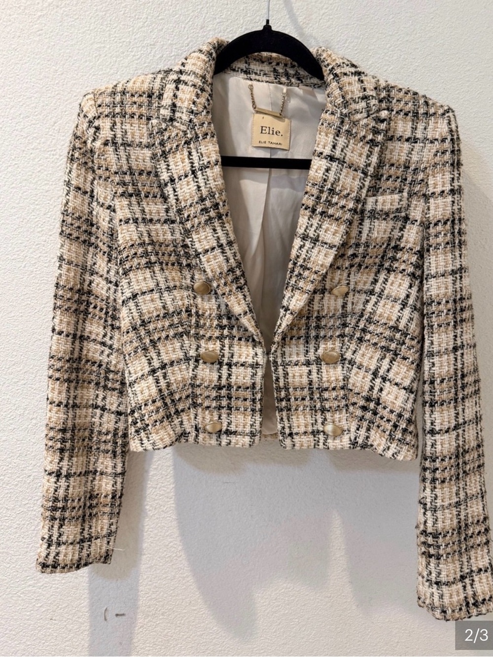 Elie Tahari Cream and Black Plaid Cropped Tweed Blazer